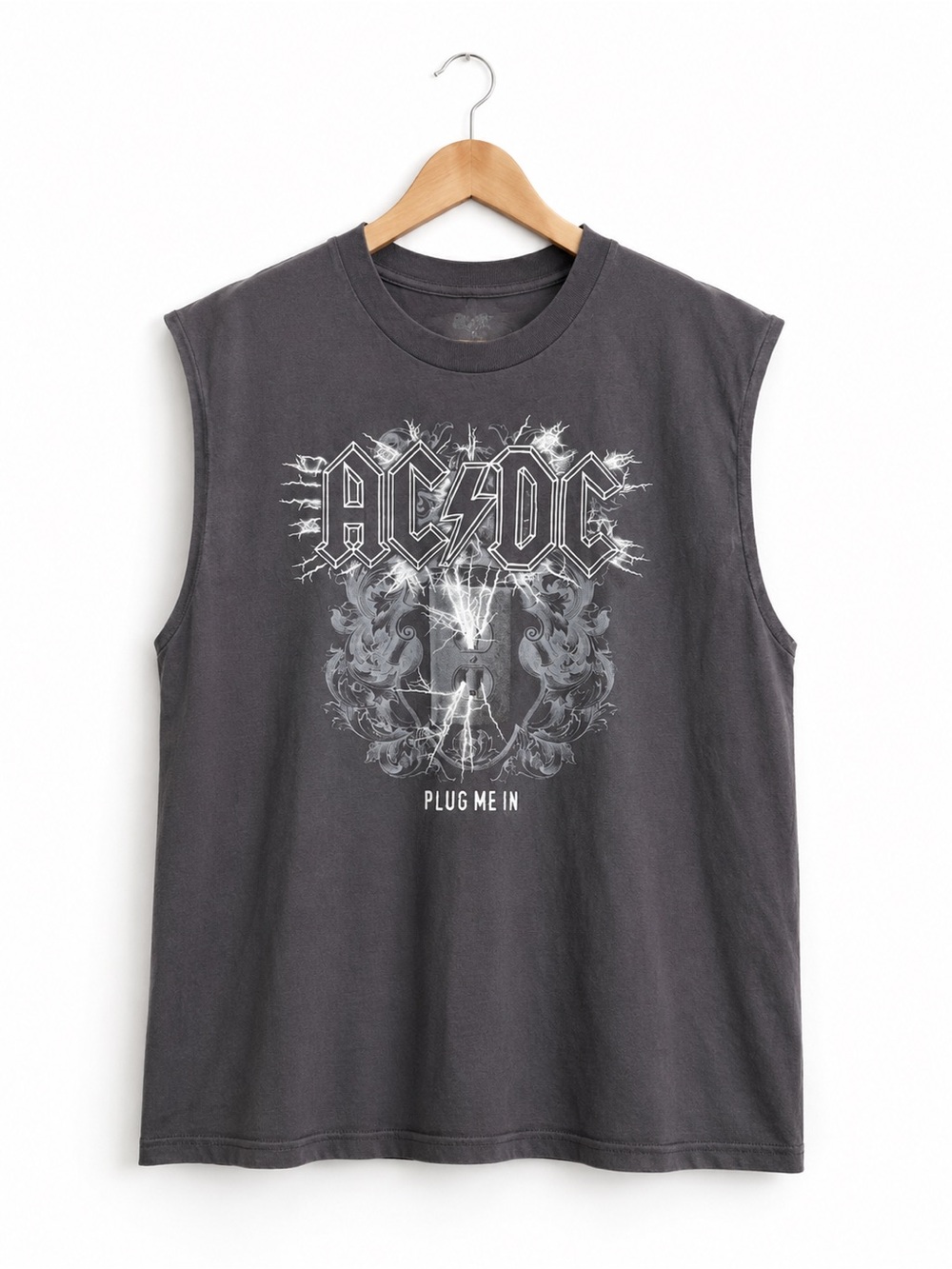 Y2K AC/DC Plug Me In Sleeveless Band Tee Black Rock Graphic Shirt 1975–2003